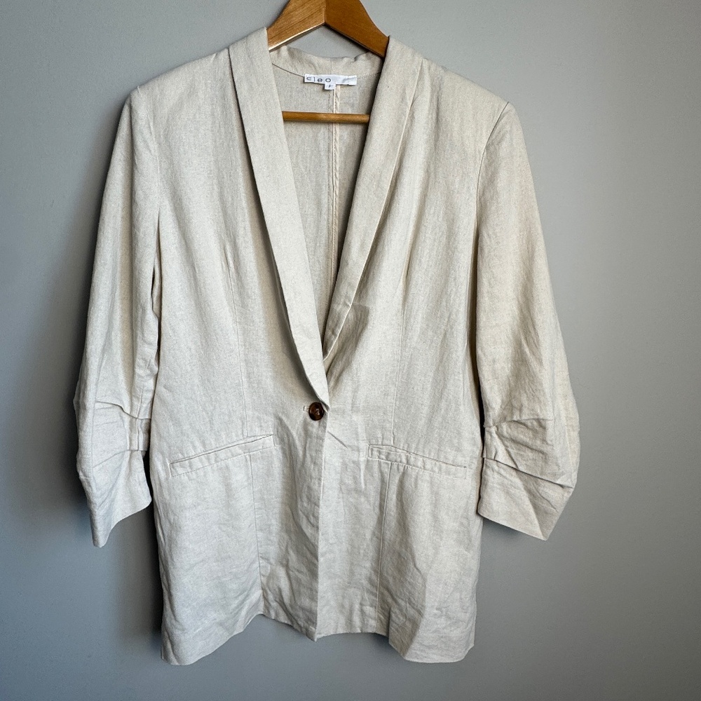 Women's Linen Blend Blazer Cream/Beige‎ Small Shoulder Pads Lightweight Office